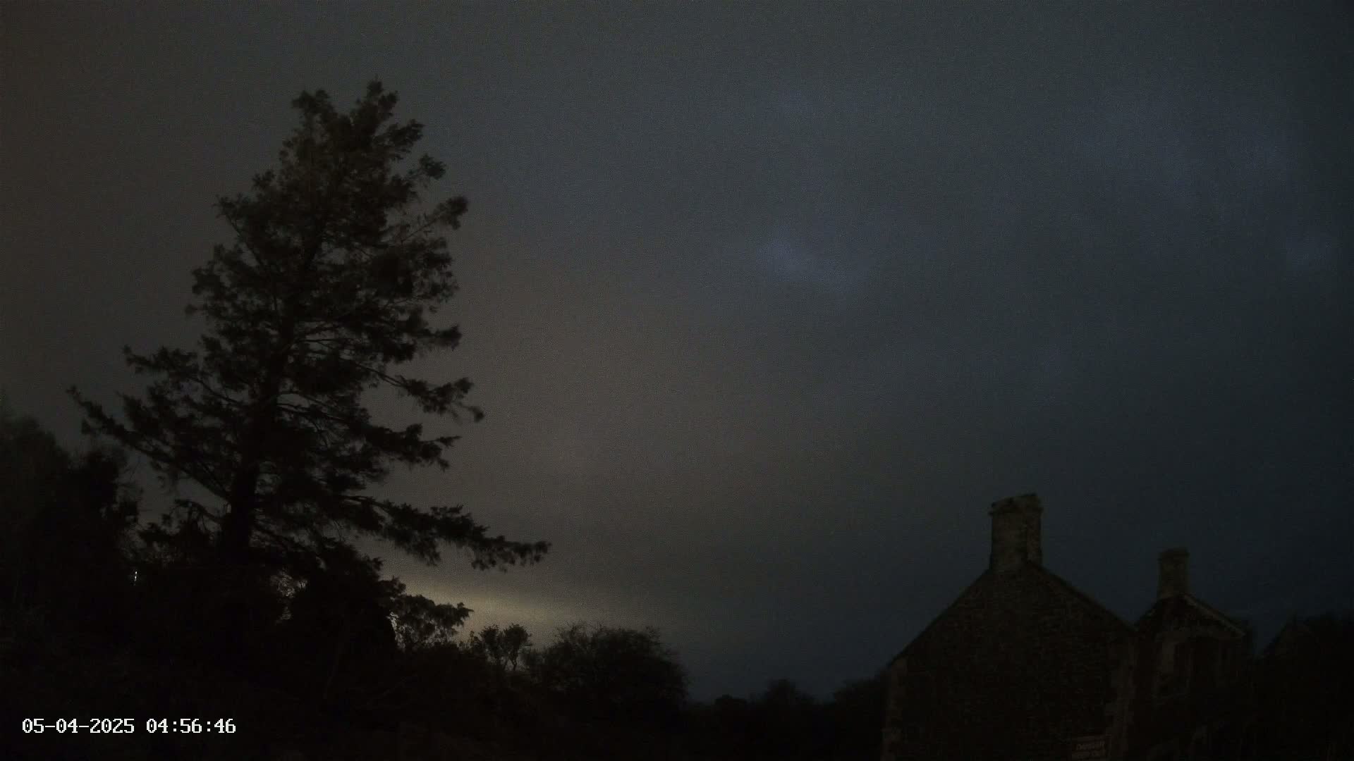 A silhouetted evergreen tree stands to the left of a dark stone building under a cloudy, dark night sky.