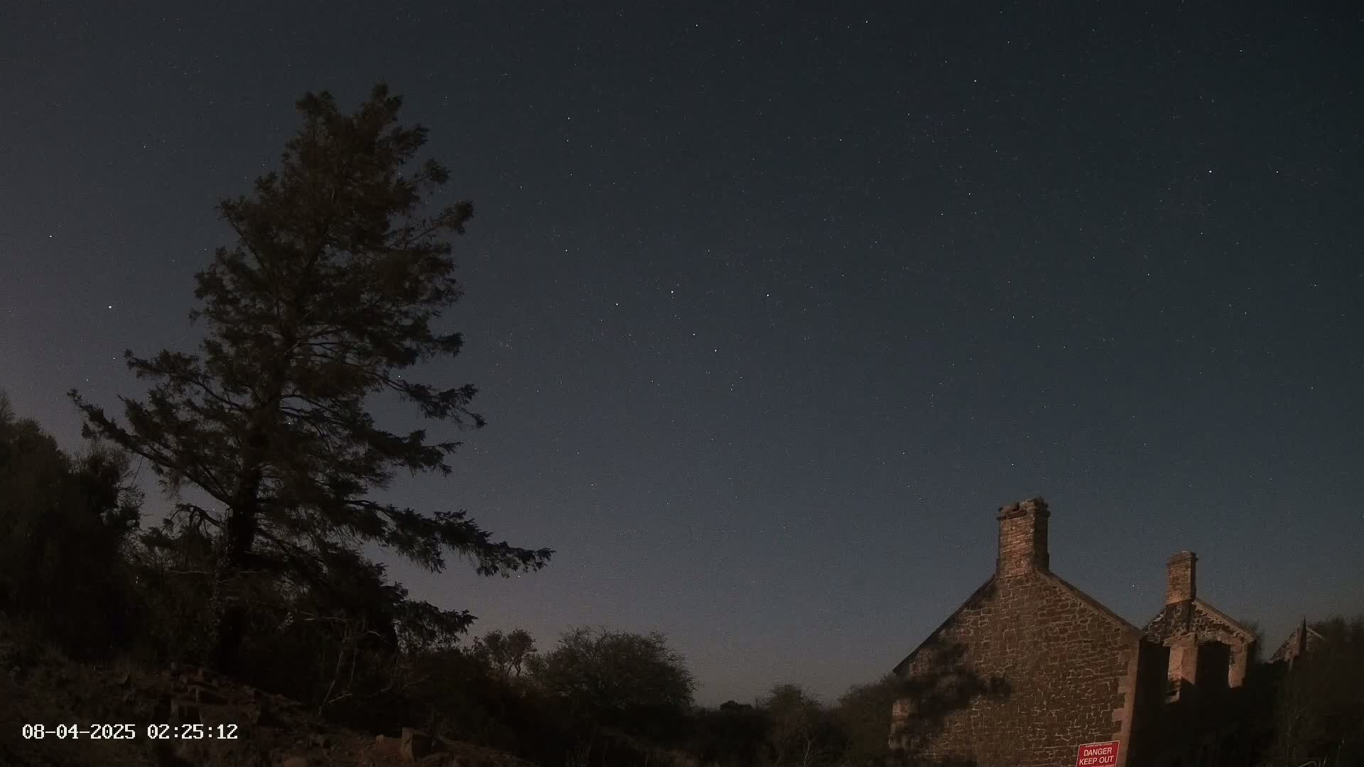 A stone building with two chimneys stands under a night sky filled with stars, next to a tall, dark evergreen tree.