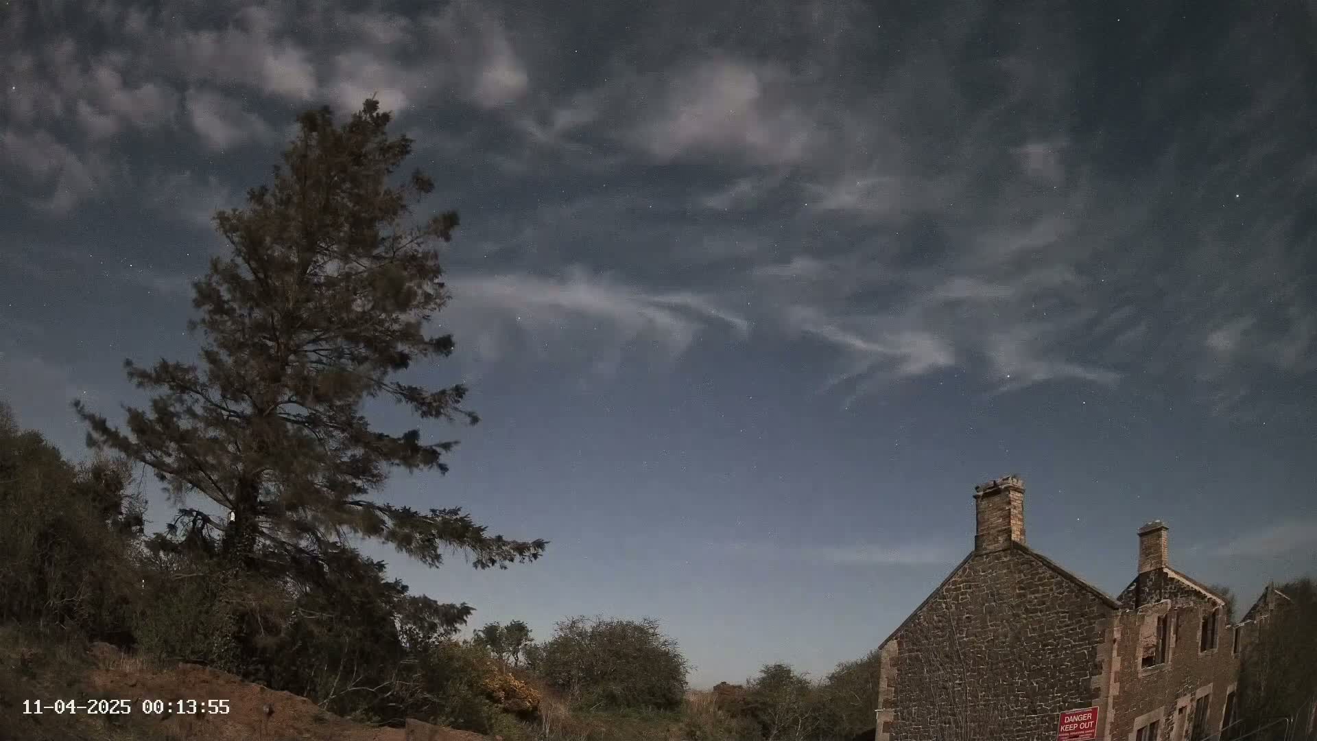A tall, dark tree stands to the left of a partially ruined stone building under a night sky filled with stars and thin clouds.