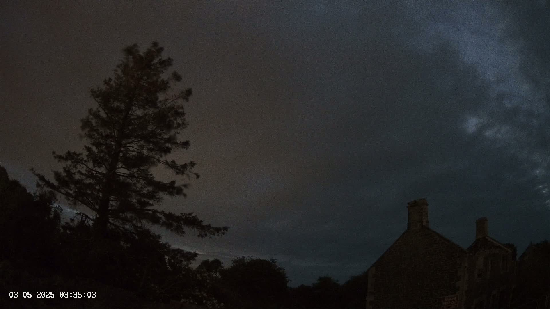 A tall, dark tree stands silhouetted against a night sky filled with dark clouds under a nearly moonless sky.  A dark stone building is partially visible to the right.
