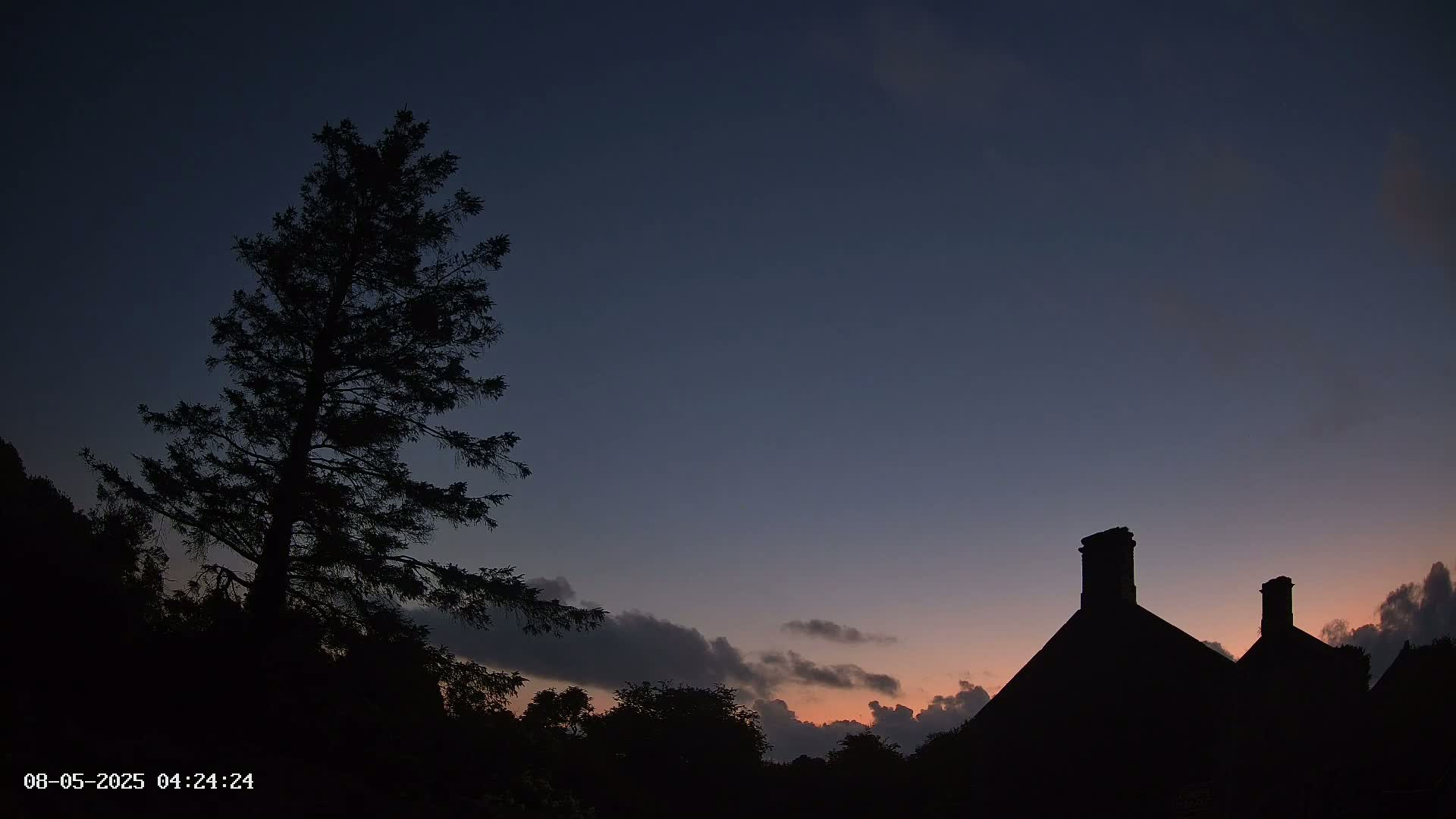 Under a twilight sky with some clouds, the silhouette of a tall evergreen tree stands to the left of two silhouetted chimneys atop a dark building.