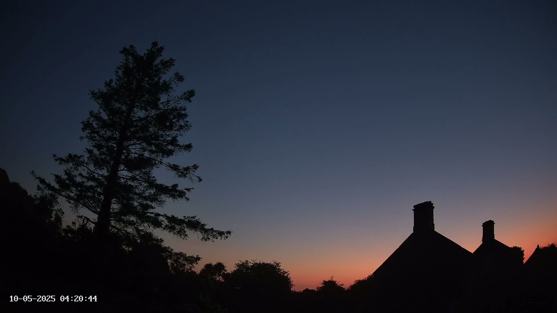 The silhouette of a tall evergreen tree and a house with two chimneys is visible against a twilight sky, showing hues of orange and purple.