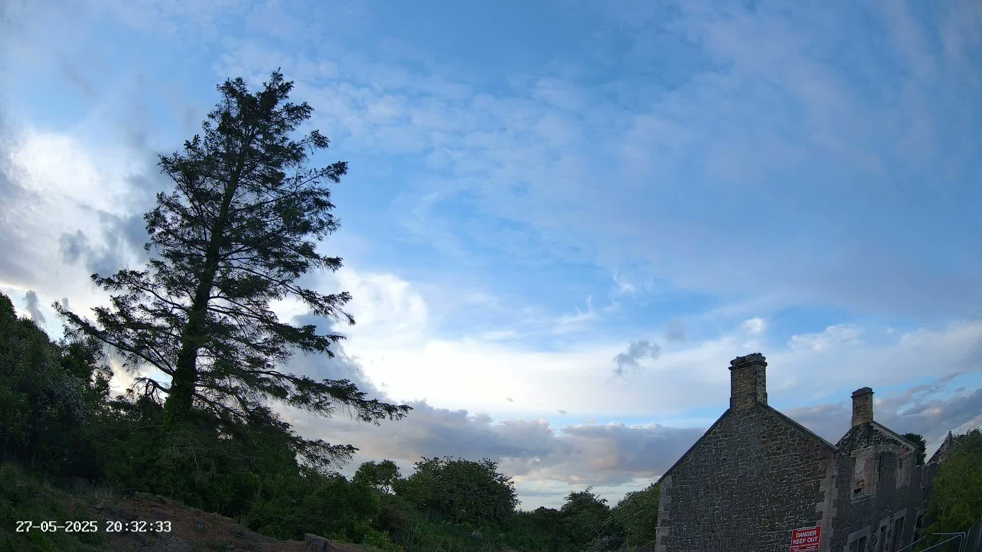 A tall, dark evergreen tree stands to the left of a partially ruined stone building under a partly cloudy, blue sky.