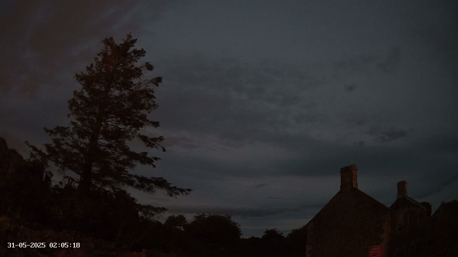 A tall, dark tree stands silhouetted against a mostly cloudy, dark night sky next to a dimly lit stone building.