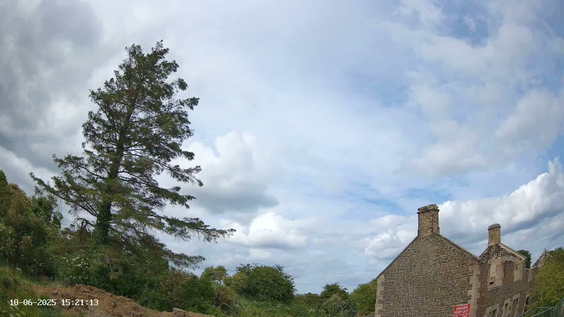 A tall pine tree stands to the left of a partially ruined stone building under a partly cloudy sky.