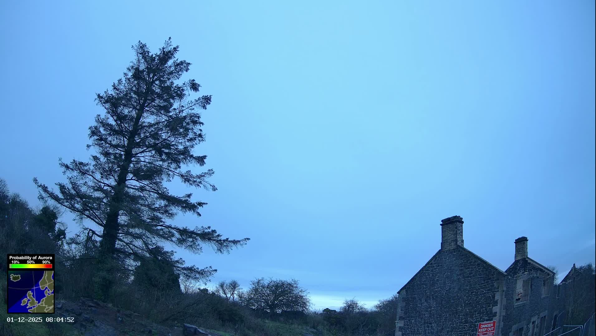 An outdoor scene depicts a tall, dark tree on the left and part of an old stone building on the right, set against a light blue, overcast sky.