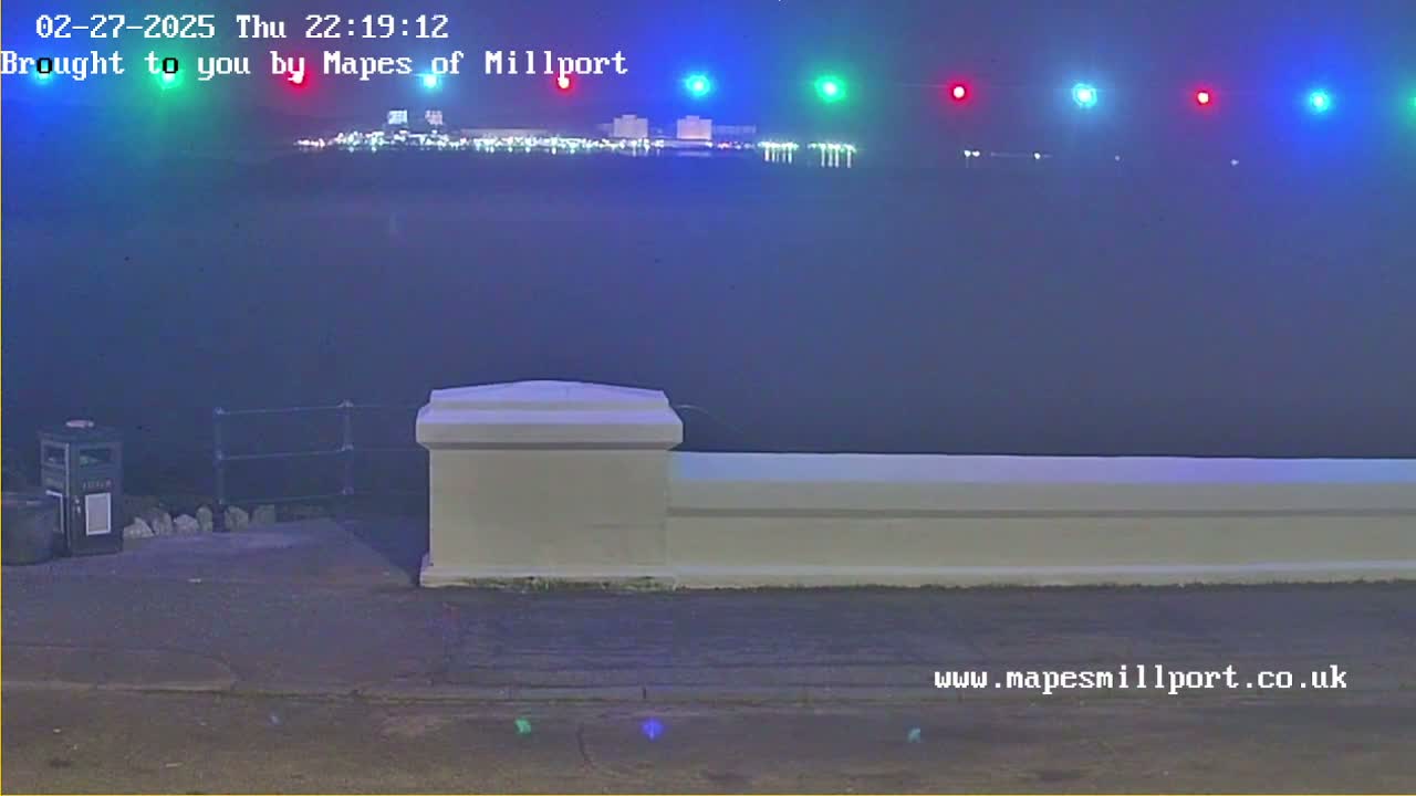 A hazy night scene shows a low white wall overlooking a body of water with a distant illuminated cityscape.
