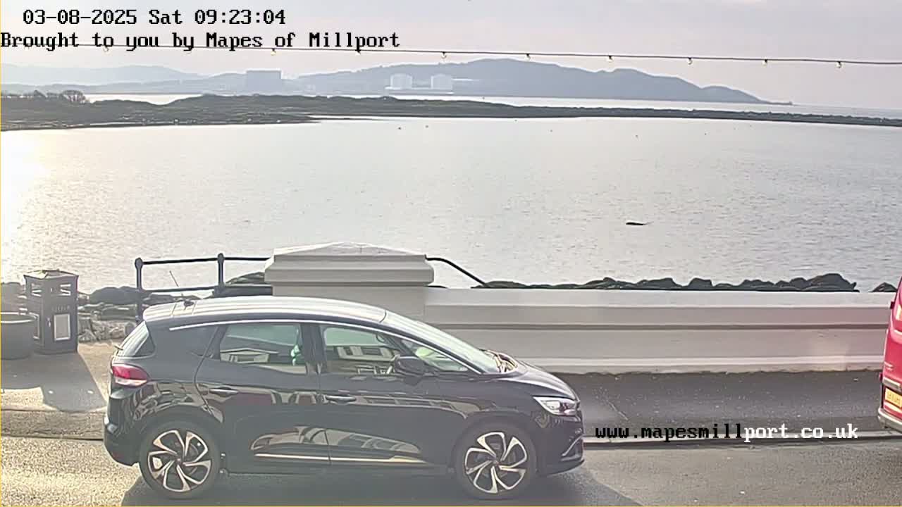 A dark-colored minivan is parked near a low wall overlooking a calm body of water under a sunny sky, with distant hills visible in the background.