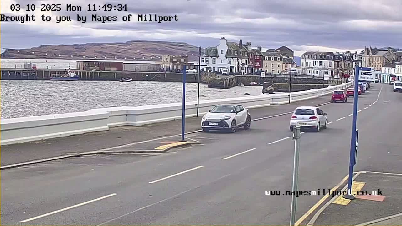 A seaside town with overcast skies, a harbor, and several cars driving on a road next to a low white wall.