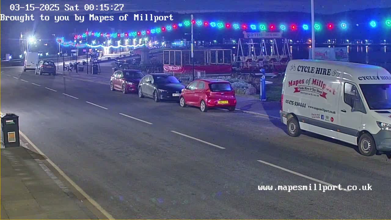 At night, several cars are parked along a street lined with colorful lights, and a white van is parked on the side of the road.