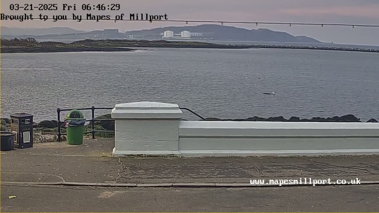 A calm body of water stretches toward a distant shoreline under an overcast sky, with a low white wall and trash receptacles in the foreground.