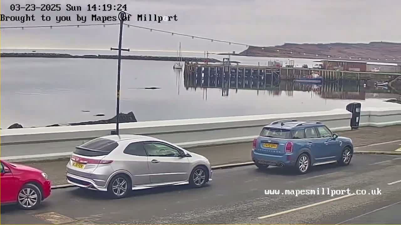 A calm, overcast day reveals a harbor scene with a silver Honda Civic and a blue Mini Cooper parked along a roadside overlooking a calm body of water with boats and a pier.