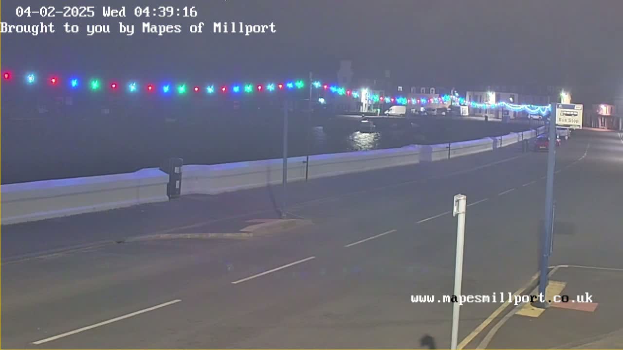 A nighttime, hazy view of a waterfront road with colorful lights strung overhead and a few cars visible.