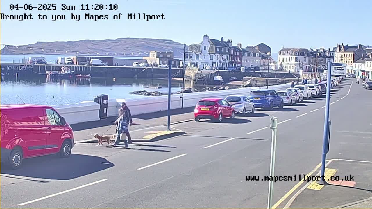 A sunny day shows a harbor with parked cars lining a street next to a white wall, with a couple walking a dog past a red van.