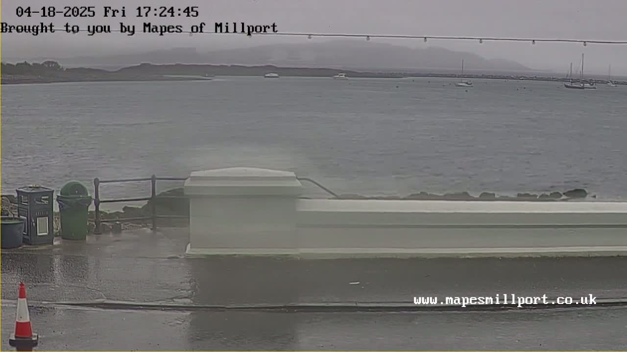 A wet, overcast day shows a view of a calm body of water with several boats, a low wall, and some trash cans near a roadway.
