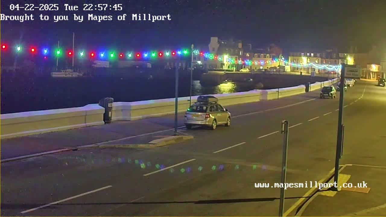 A silver station wagon drives along a waterfront road at night, under string lights illuminating a nearby harbor and buildings.