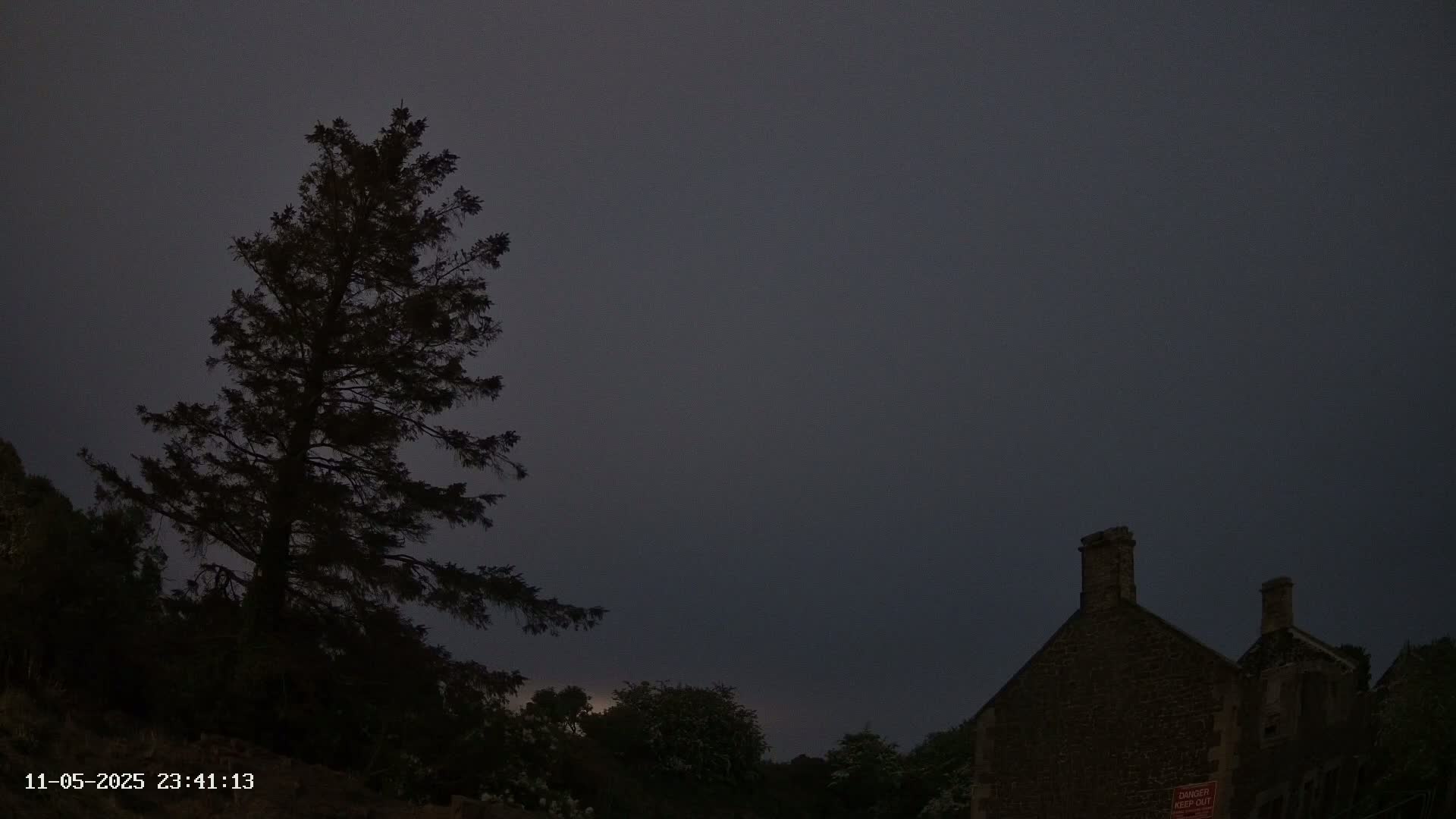 A tall, dark evergreen tree stands beside a dark stone building under a dusky, overcast sky.