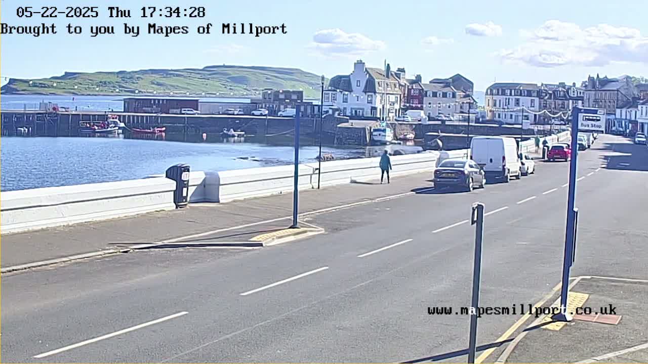 A sunny day shows a harbor with boats, a seaside town with buildings, and a road with cars and pedestrians.