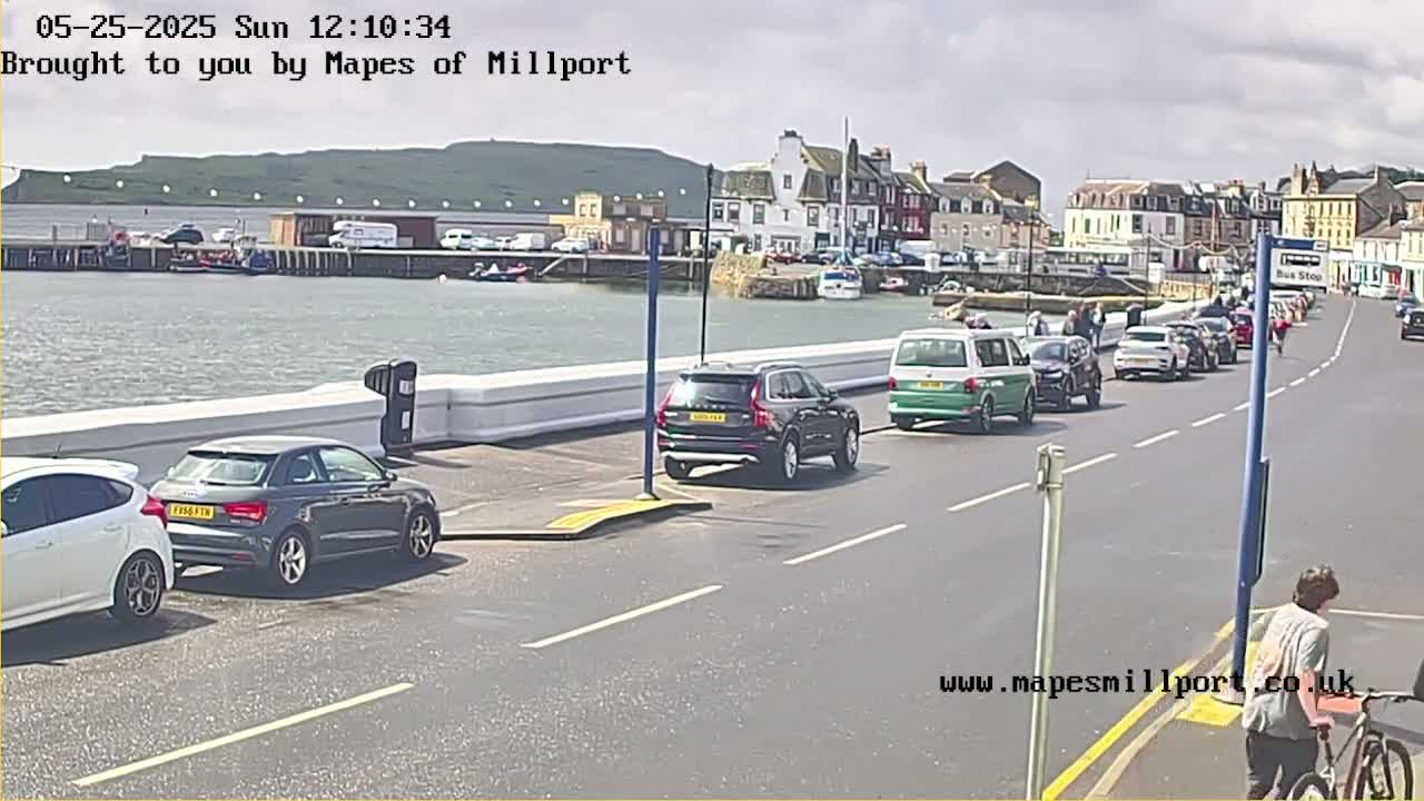 A sunny harbor scene shows several cars parked along a road next to a waterfront, with a person on a bicycle in the foreground.
