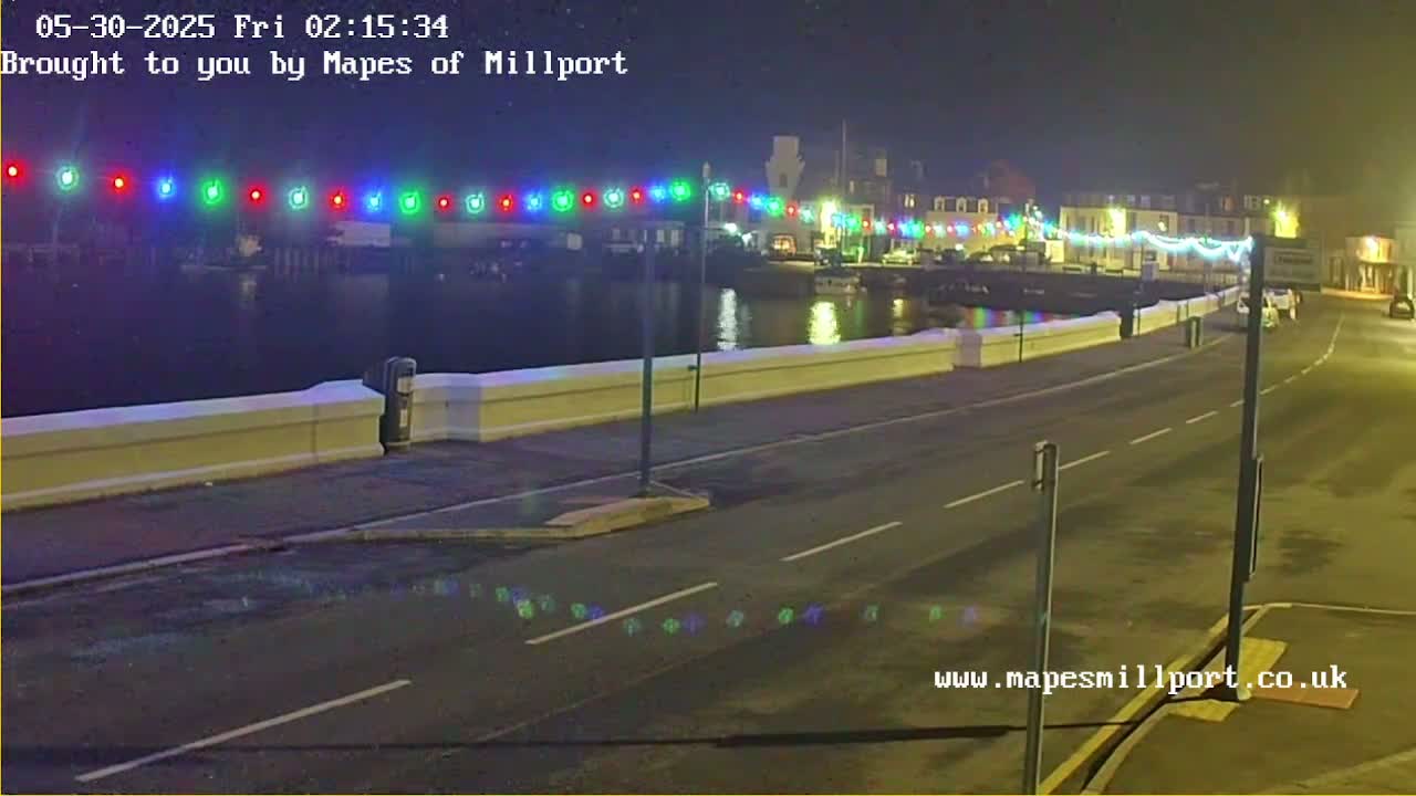 A nighttime view of a waterfront road with colorful lights strung across buildings and reflecting in calm water.