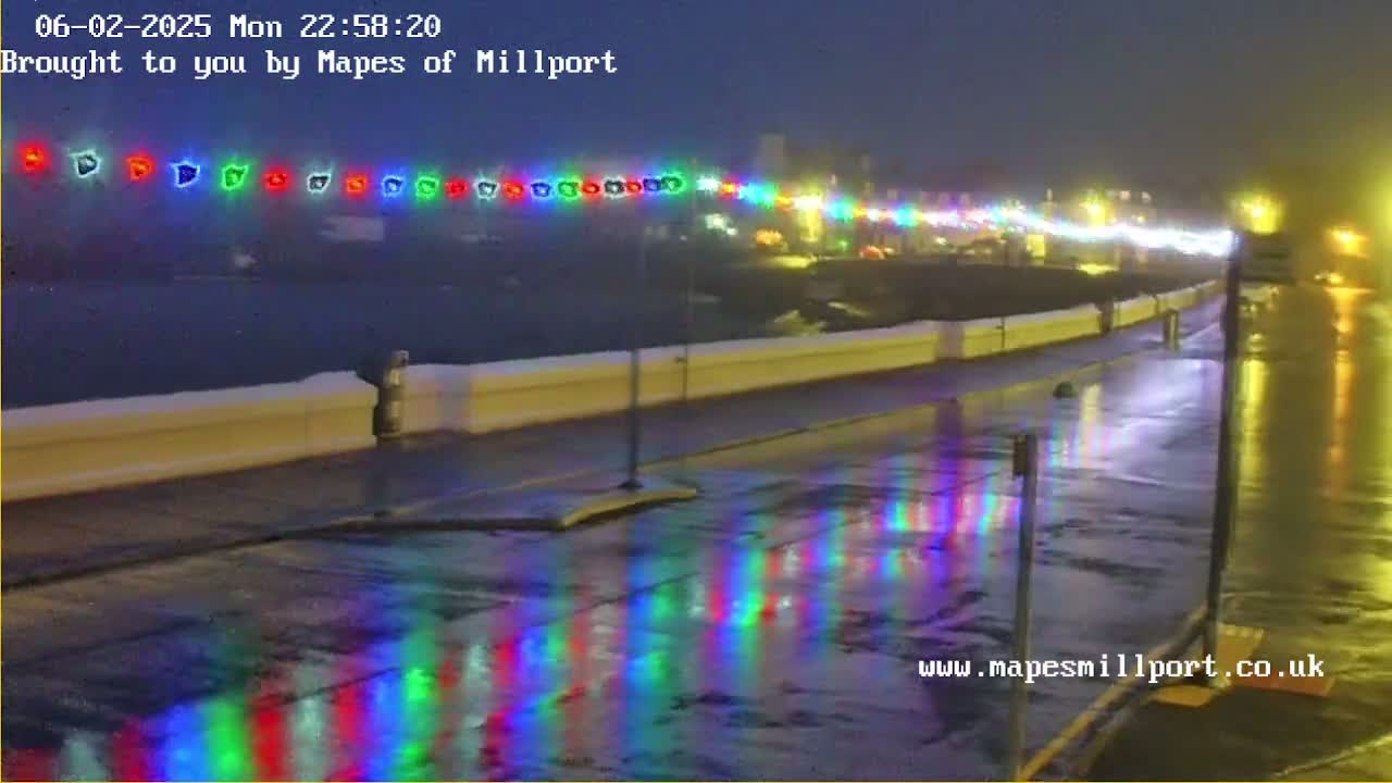 A wet, nighttime street with colorful lights strung along a wall reflecting in the puddles.