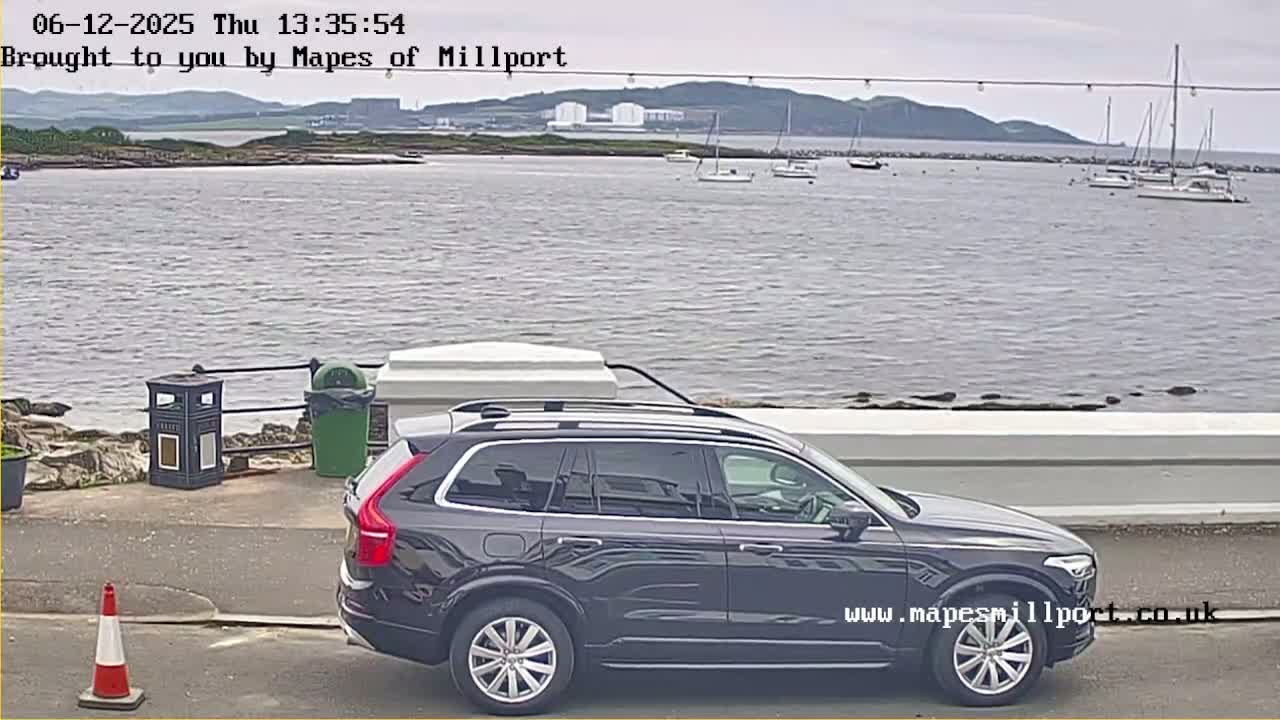 A dark-colored SUV is parked near a body of water with several sailboats in the distance under an overcast sky.