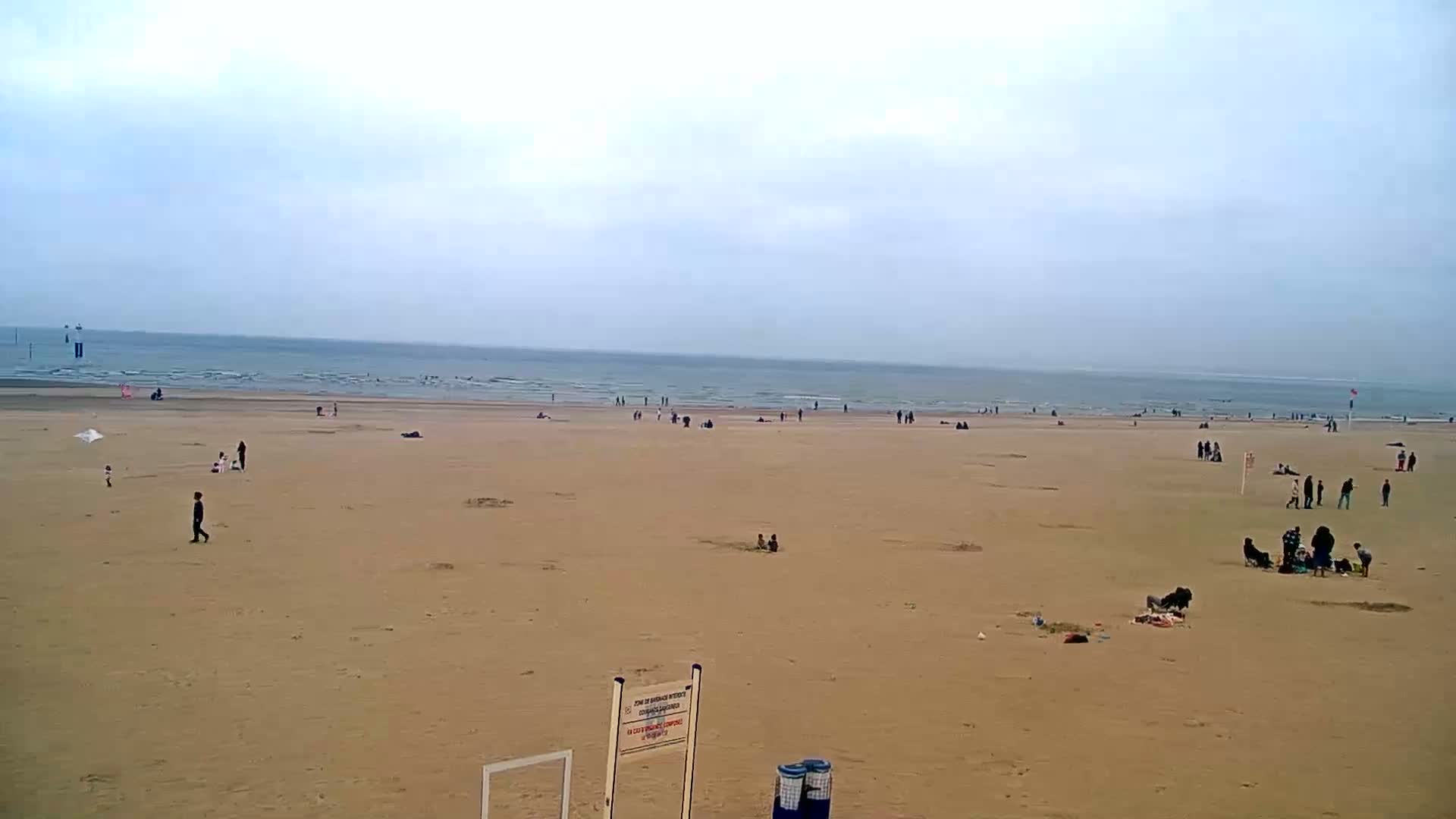 A wide sandy beach with scattered people and a calm ocean under an overcast sky.