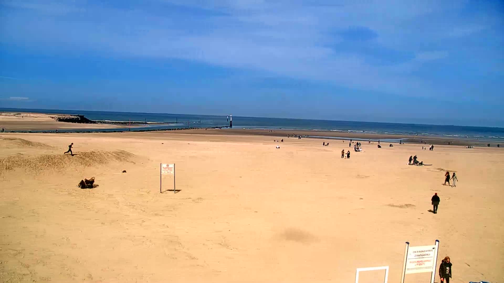 A sandy beach with a few people scattered across it stretches toward a calm ocean under a clear blue sky.