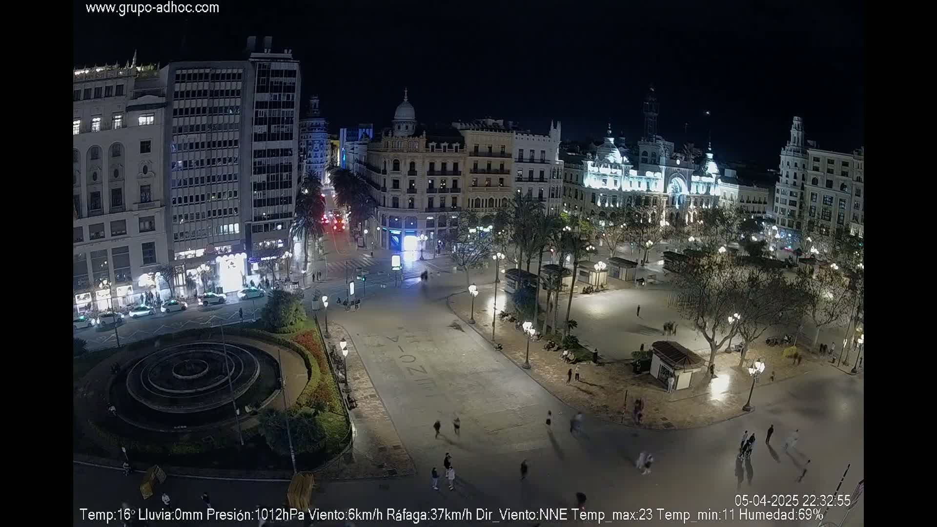 A nighttime aerial view of a city square with a fountain, surrounded by buildings and sparsely populated by pedestrians under clear skies.