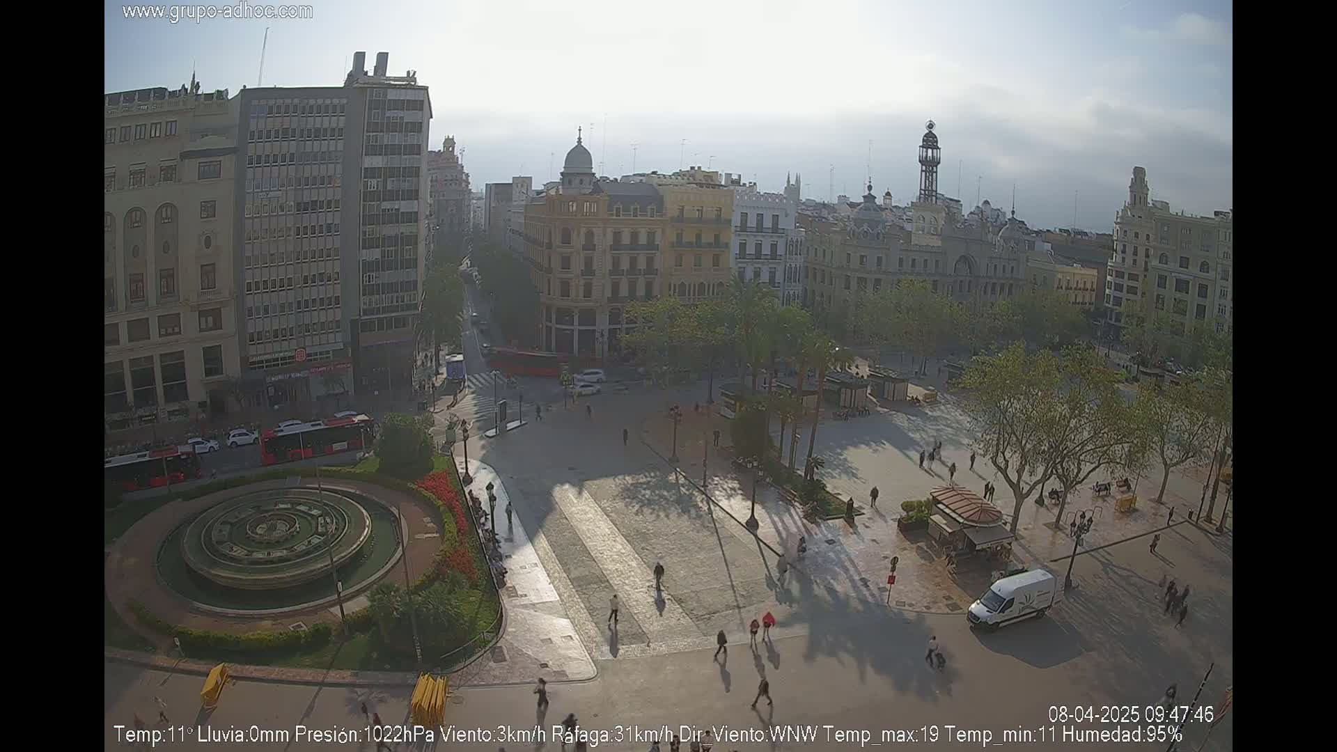 A high-angle, long shot of a city square on a hazy, sunny day, showing a fountain, buildings, people walking, and vehicles parked.
