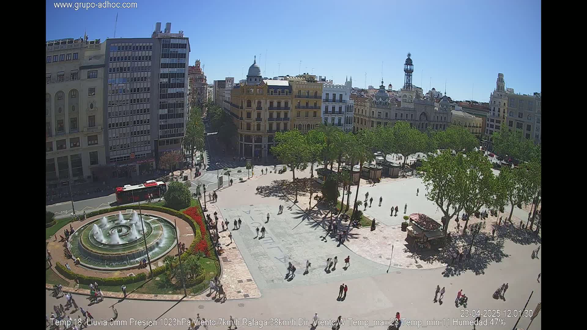 A sunny city square with a fountain, surrounded by buildings and trees, has people walking around.