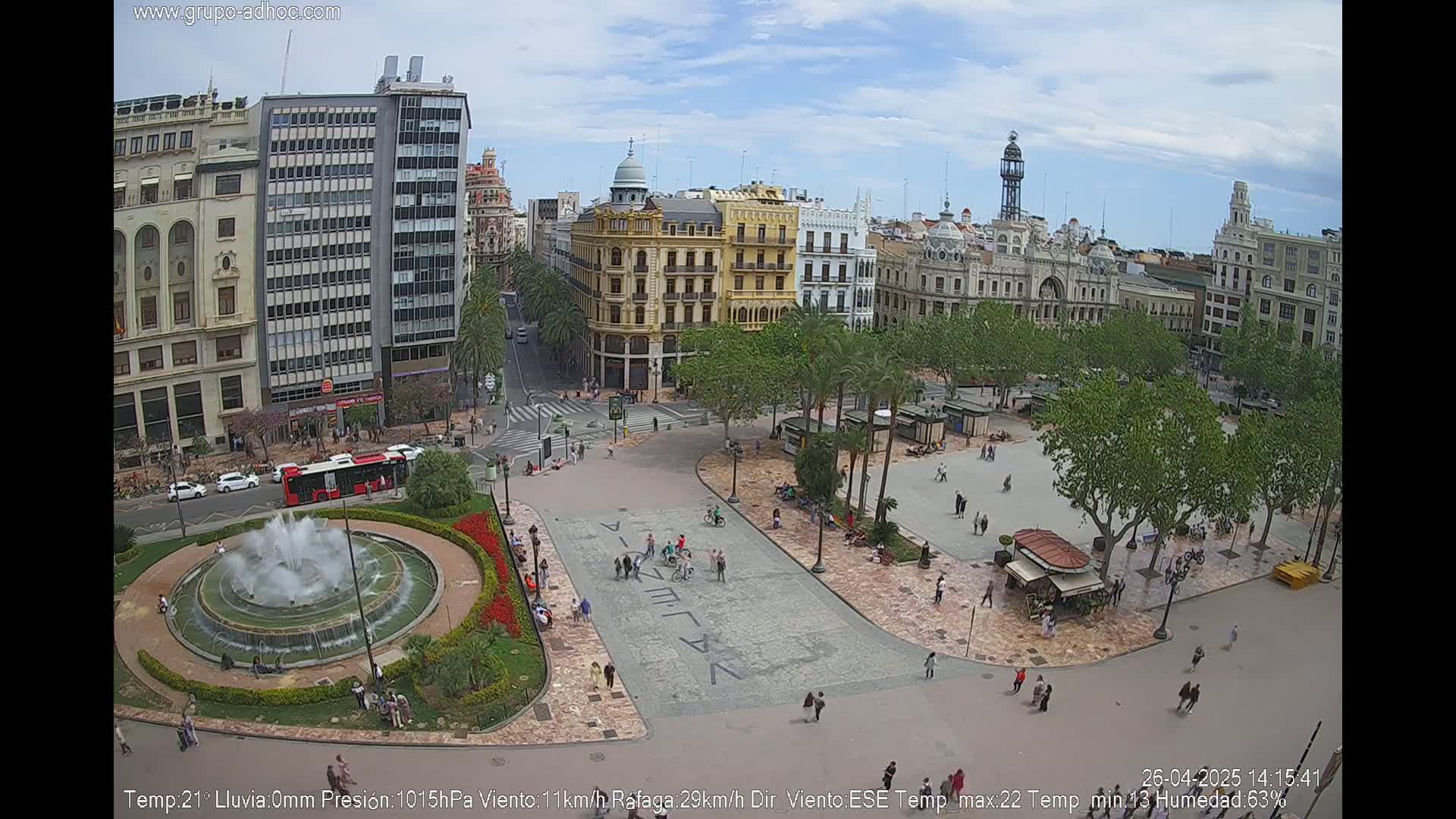 A city square with a fountain, surrounded by buildings and trees under a partly cloudy sky.