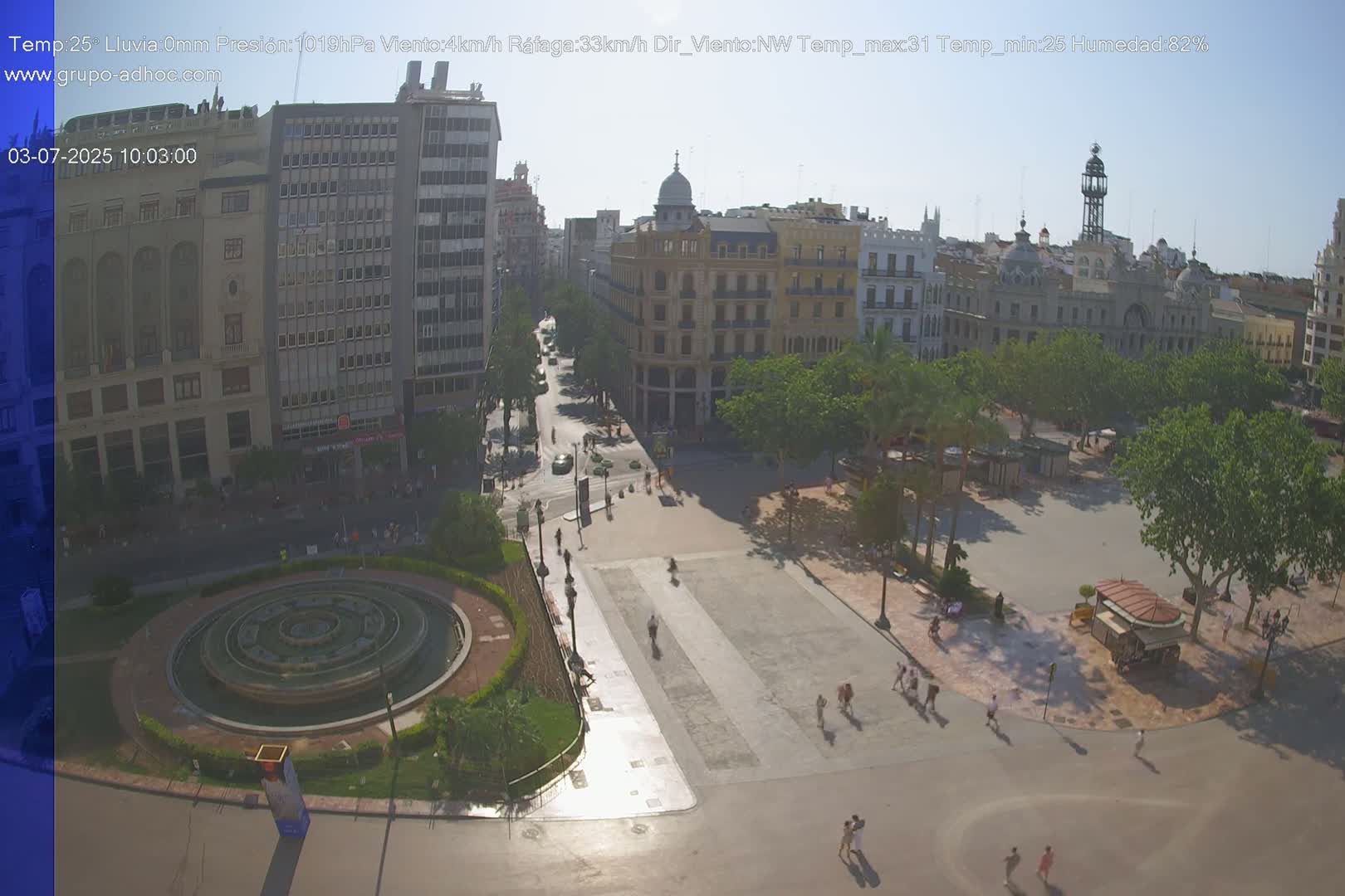A high-angle view of a city square on a sunny day, featuring a circular fountain, numerous buildings, and people walking around.