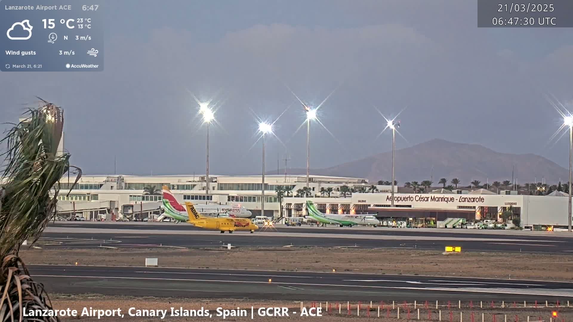 An airport tarmac with several airplanes, airport buildings, and palm trees under a mostly clear, twilight sky.