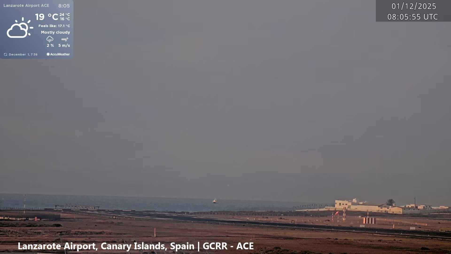 A mostly cloudy day with a temperature of 19°C reveals an airport runway extending towards a calm ocean, with a faint white boat or structure on the water and low-rise buildings dotting the distant shore.