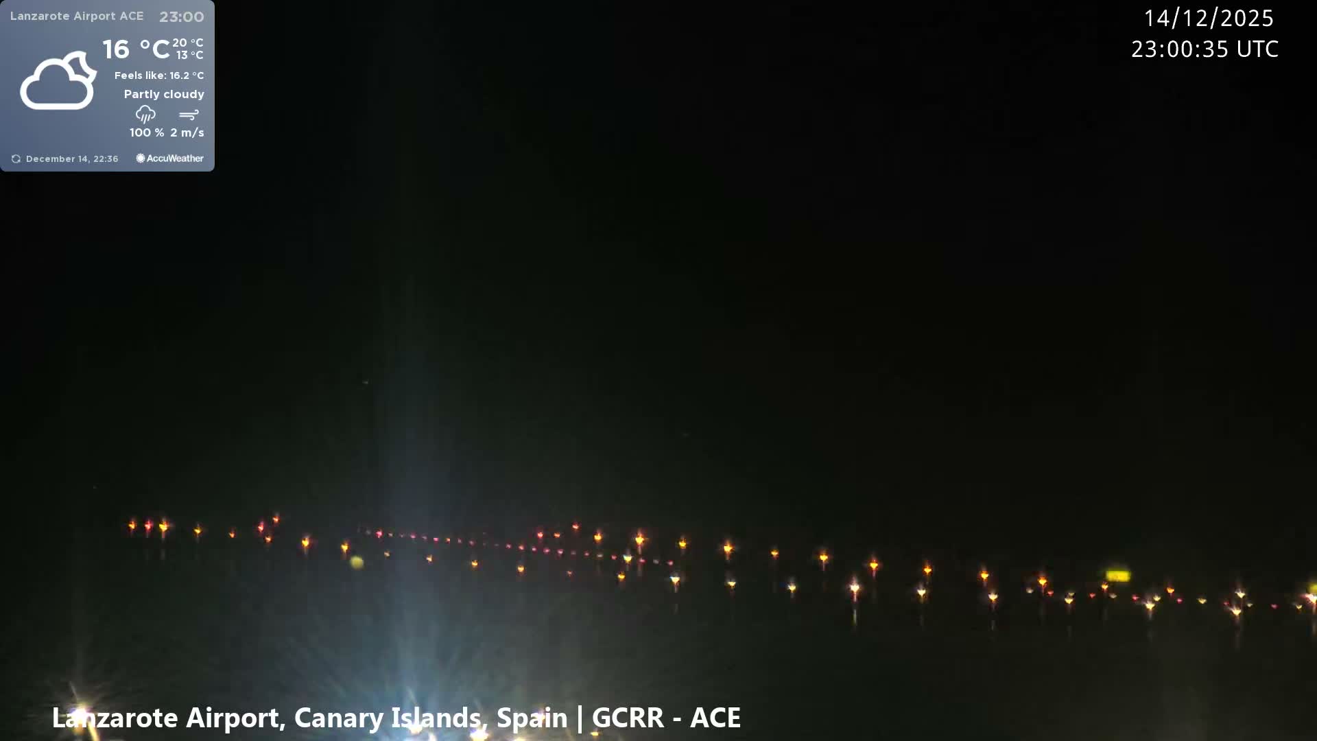 A mostly cloudy day with a temperature of 19°C reveals an airport runway extending towards a calm ocean, with a faint white boat or structure on the water and low-rise buildings dotting the distant shore.