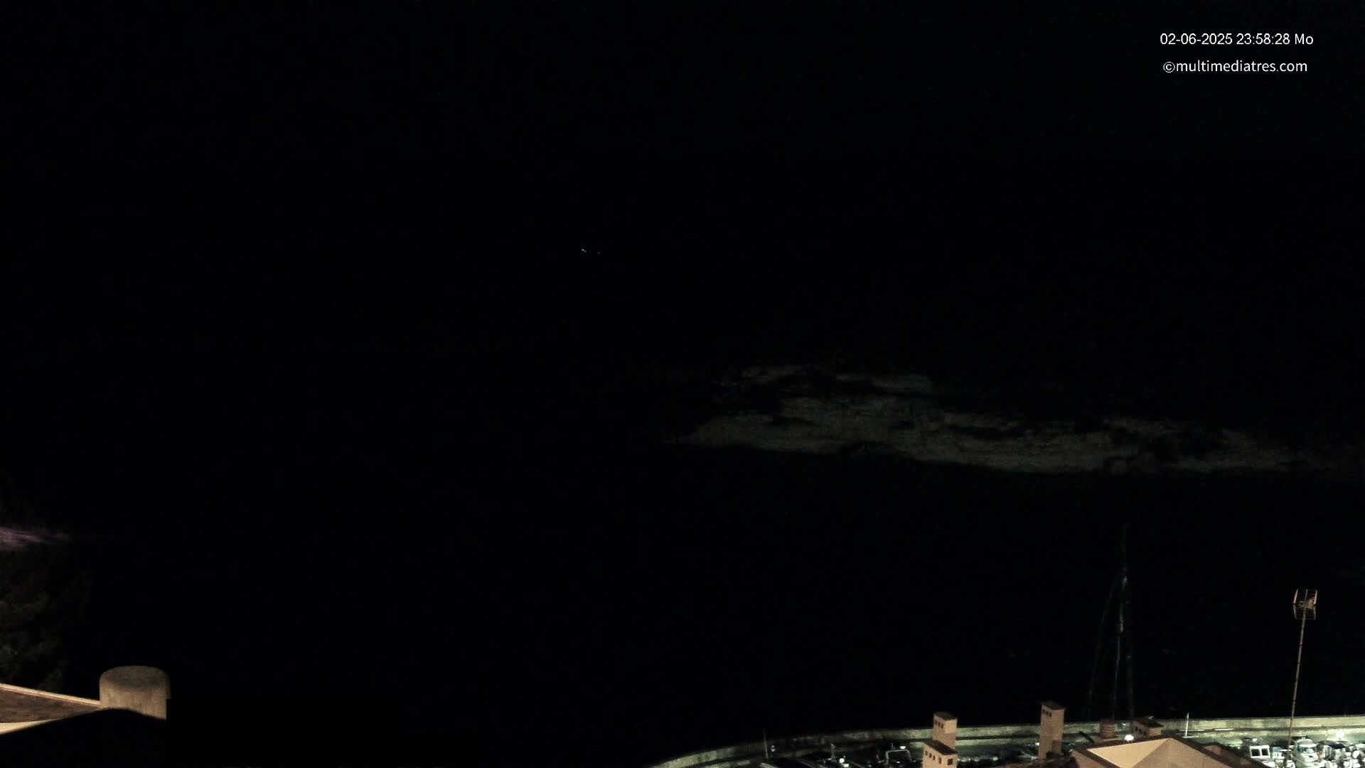 A nighttime, dark view of a body of water with a dimly lit shoreline and structures in the distance.