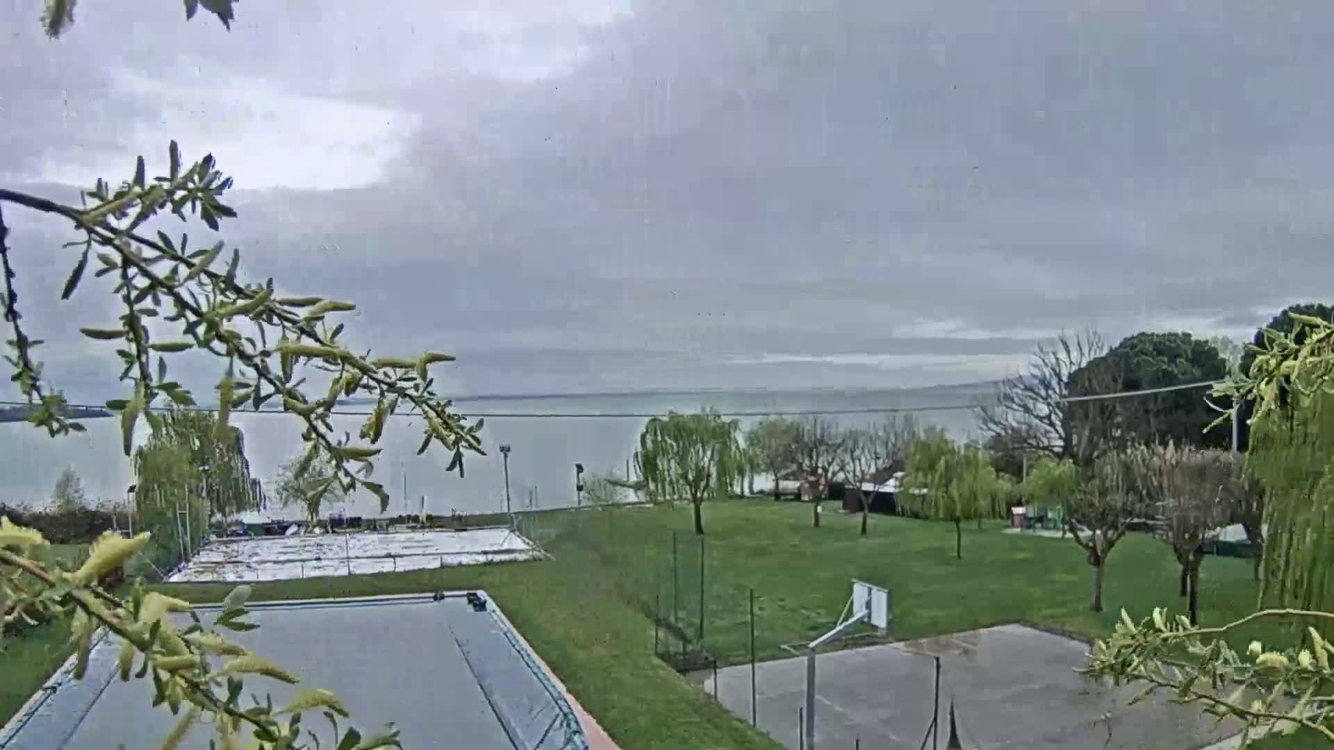 A view of a grassy area with a basketball court, trampoline, and a body of water under an overcast sky.