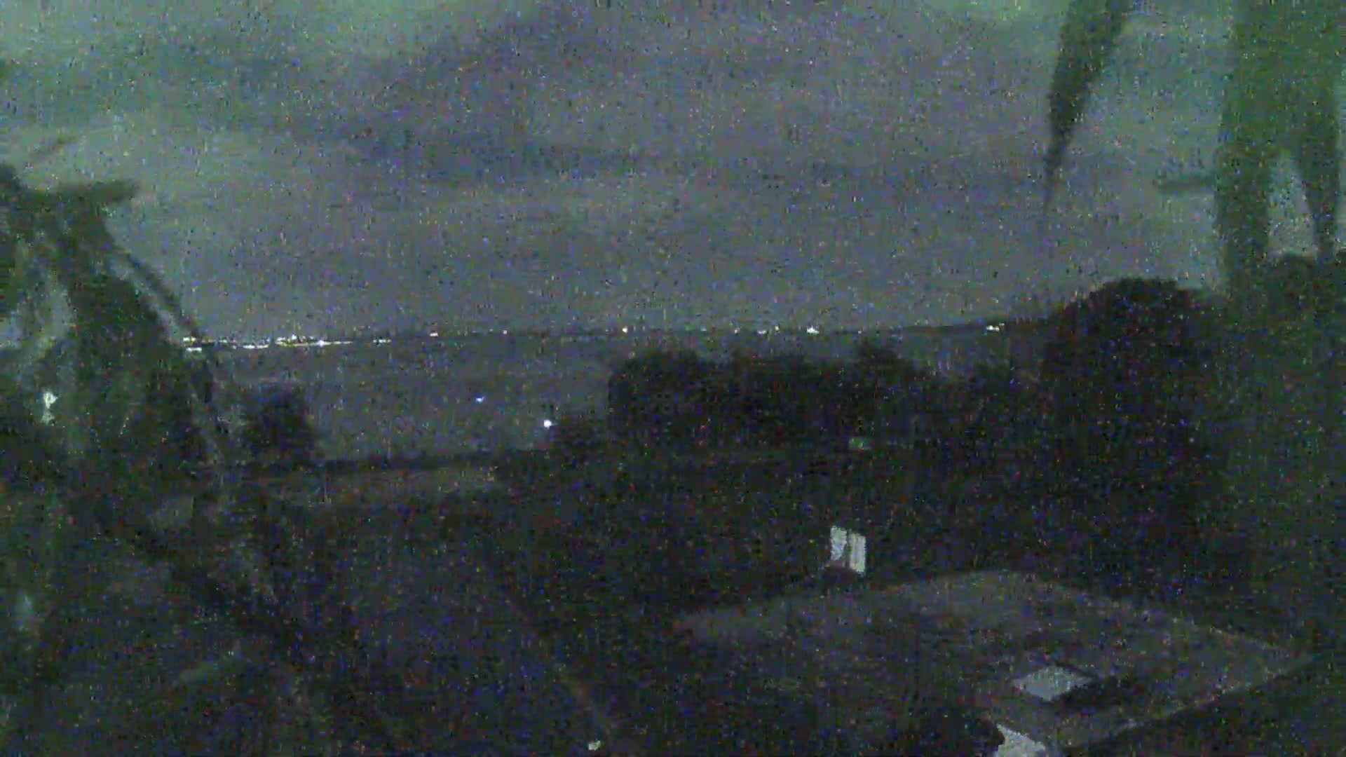 A nighttime, overcast view shows dark silhouettes of trees and buildings against a dimly lit horizon with faint city lights in the distance.