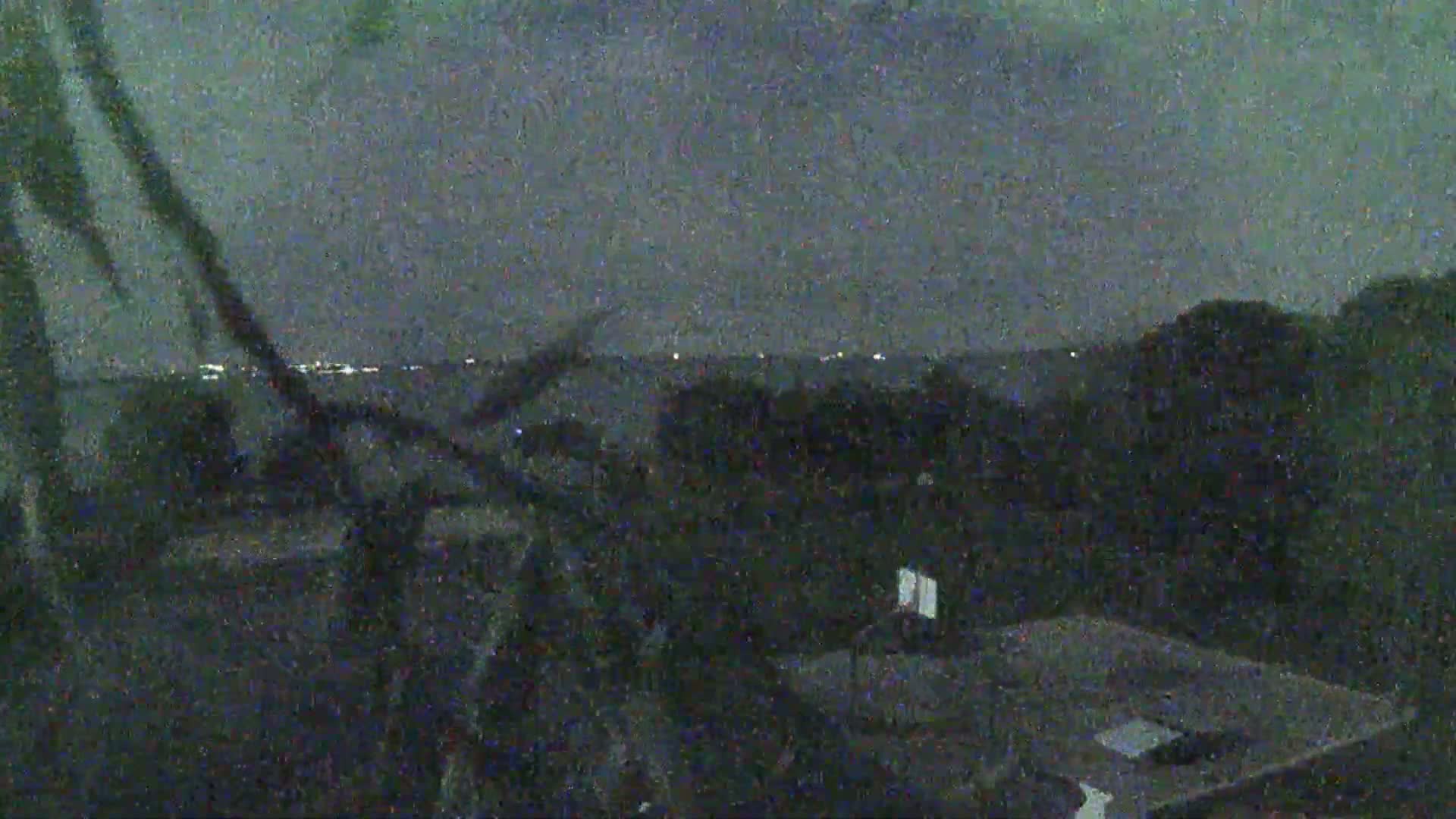 A nighttime, possibly stormy, view shows dark trees and distant city lights over a body of water, partially obscured by shadows and branches.