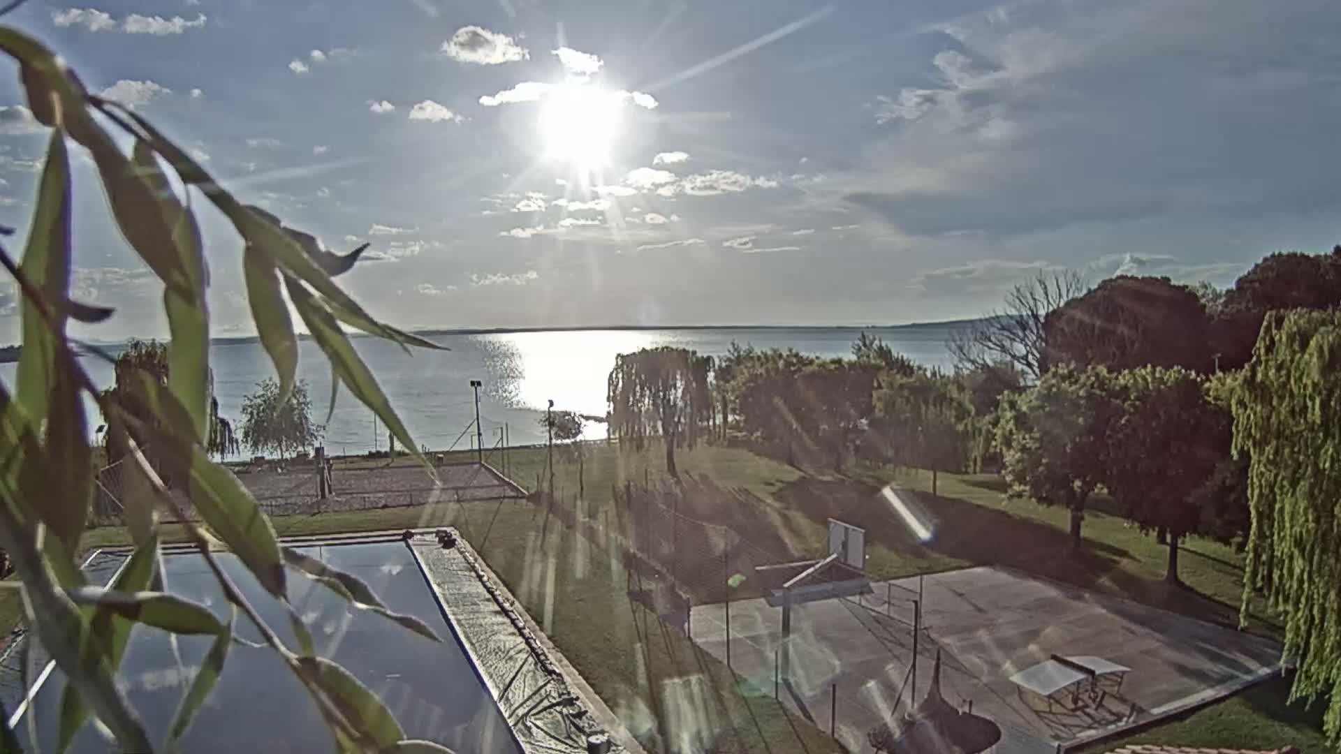 A sunny day overlooking a calm lake, with a grassy area containing a swimming pool, tennis court, and ping pong table, framed by trees and willow branches.