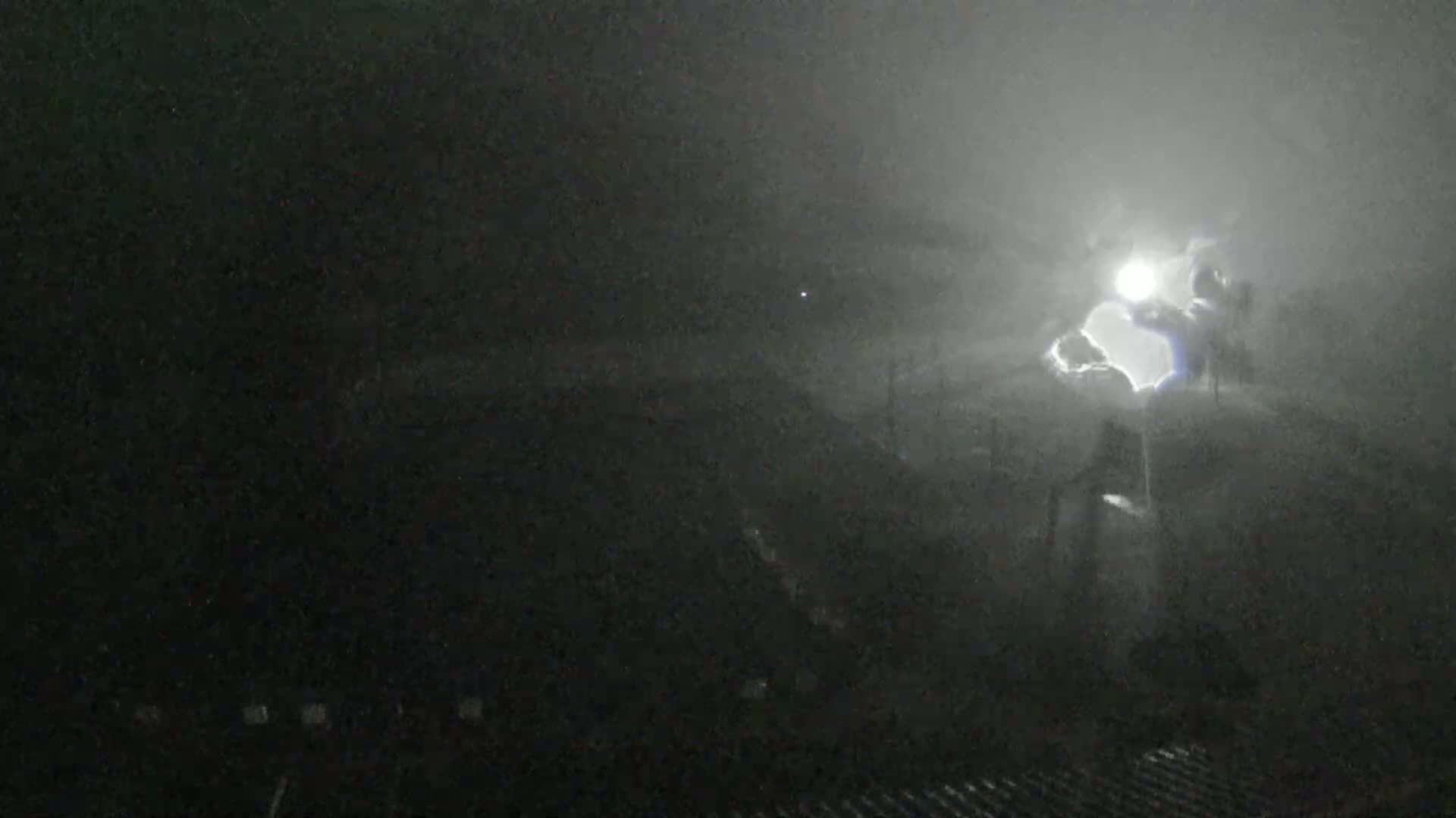 An outdoor scene features a large covered swimming pool, a concrete basketball court, and grassy lawns with scattered trees, all visible under a dull, overcast sky with a misty distant landscape and patches of snow on a far field.