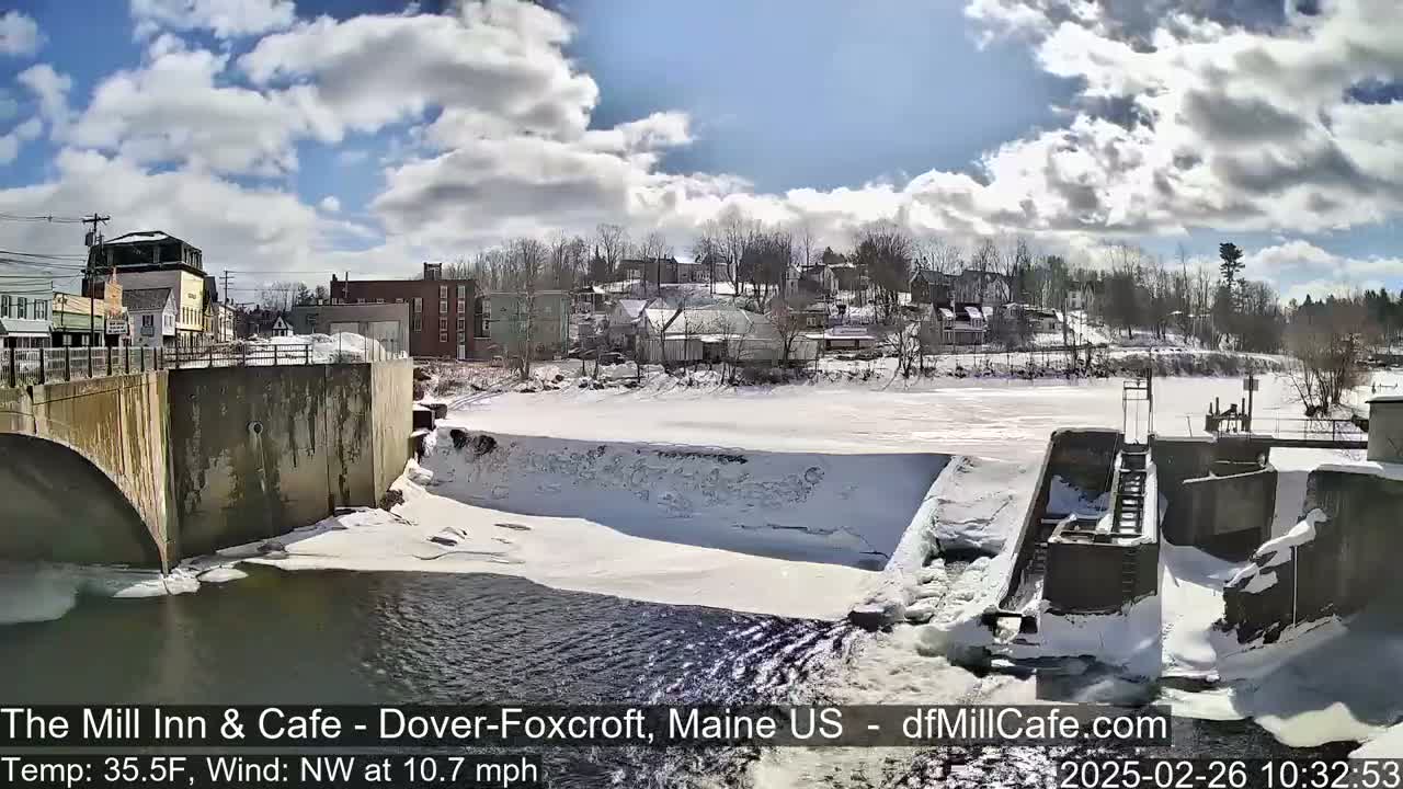 A partly sunny winter day shows a snow-covered town beside a partially frozen river with a dam and a bridge.