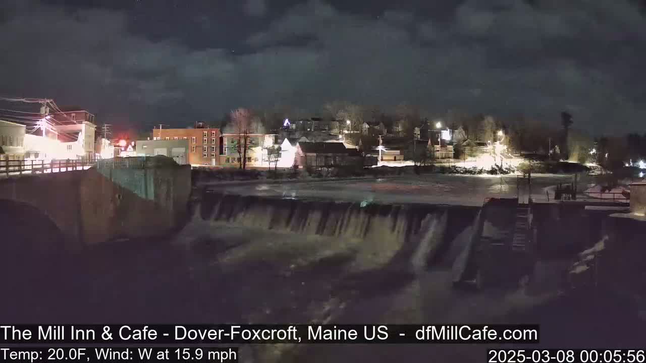 A nighttime view of a town's illuminated buildings and a partially frozen waterfall under a cloudy sky with a 20°F temperature and a 15.9 mph west wind.