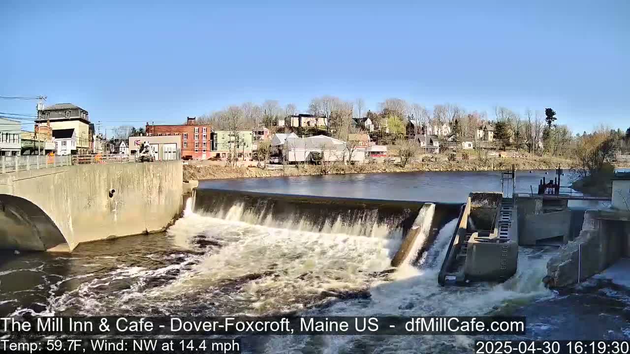 A river flows over a dam in front of a small town on a sunny day with a northwest wind.