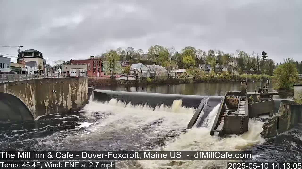 Water rushes over a dam in front of a town on an overcast day.