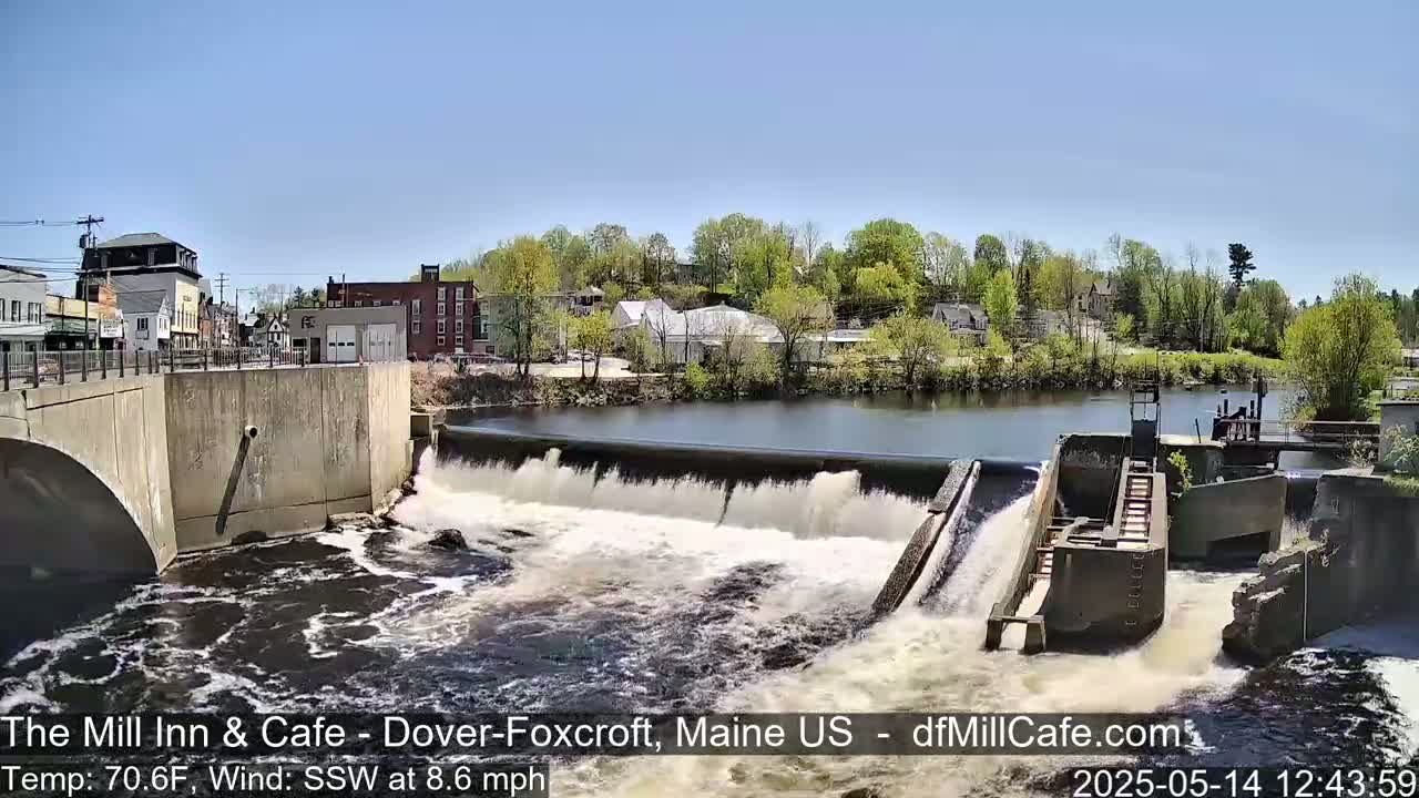 A dam releases water into a river flowing past a small town on a sunny day.