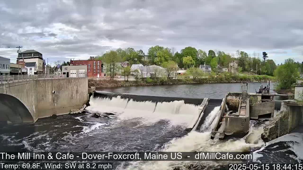 A river flows under a bridge and over a dam in an overcast setting, with buildings and trees lining the riverbank.