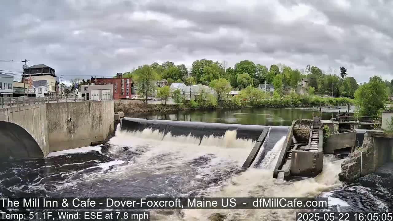 A river flows over a dam in a town under a cloudy sky.