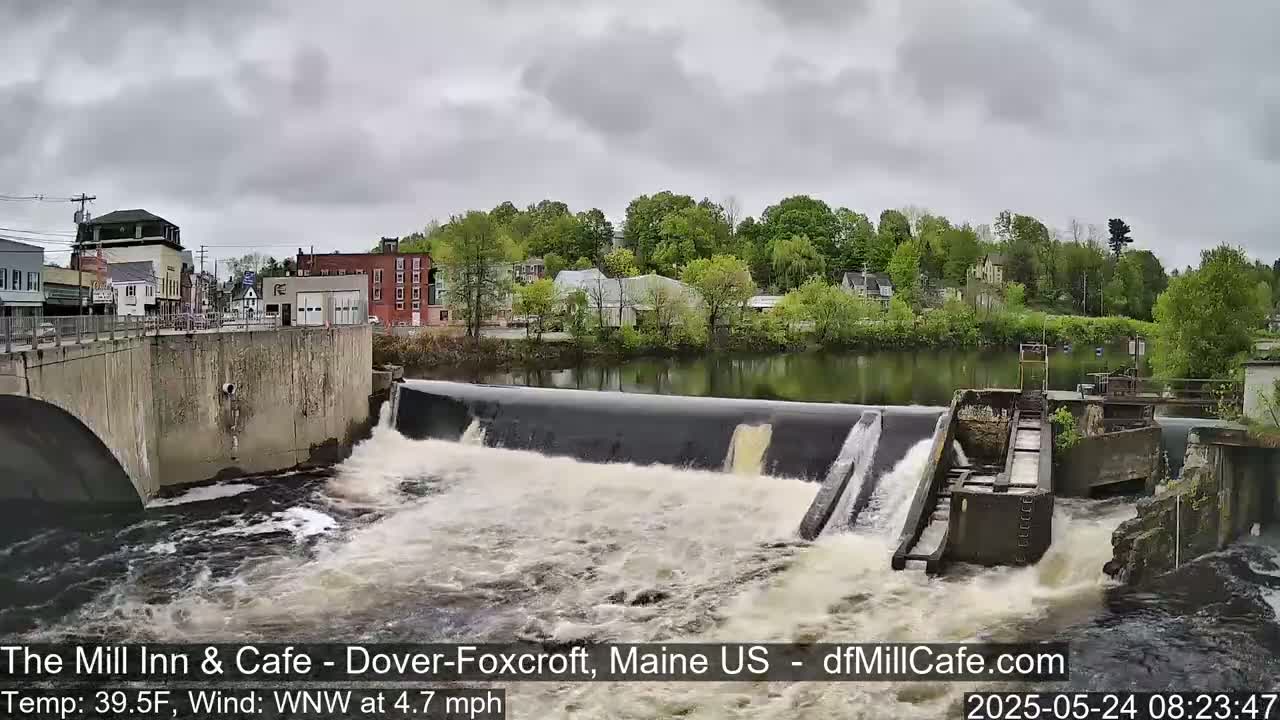 A dam with water cascading over it into a river, situated in front of a small town under an overcast sky.